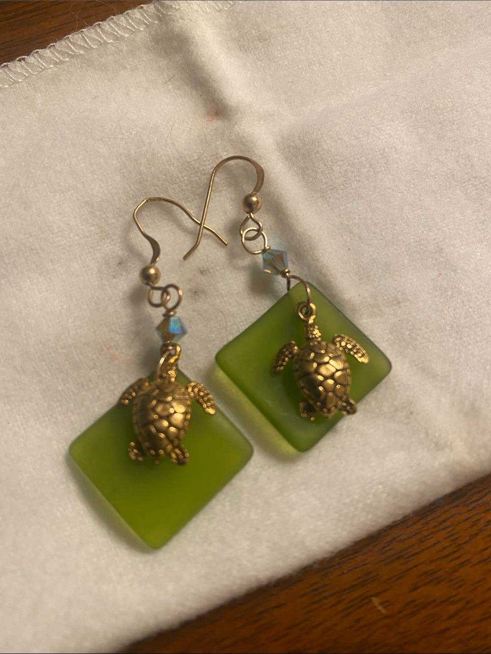 14 K GF Turtle Sea Glass Swarovski Crystal Drop Earrings